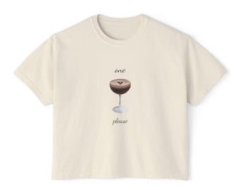 Chic Women's Boxy Tee with Cocktail Glass Graphic, Casual Top, Espresso Martini, Funny Shirt, Gift for Her, Summer Wear, Party Attire