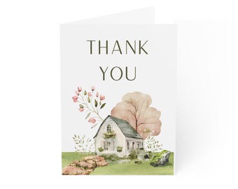 Thank You Card Set with Cottage and Tree, Greeting Cards, Note Cards, Stationery Set, Handwritten Cards, Stationary Supplies