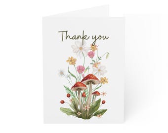Floral Thank You Cards Set with Mushrooms, Magical - Greeting Cards, Note Cards, Stationery Set, Bulk Cards, Card Pack, Nature Cards