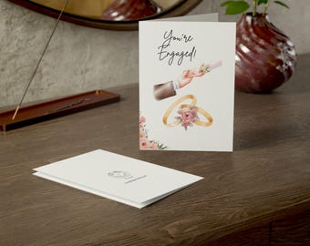 Greeting Cards - Engagement Card with Watercolor Rings and Bride and Groom Holding Hands, Wedding Cards, Anniversary Cards, Congratulations