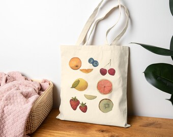 Fruity Cotton Canvas Tote Bag - Eco-Friendly Shopping Bag, Reusable Grocery Tote, Farmers Market Bag, Beach Tote, Gift for Fruit Lovers