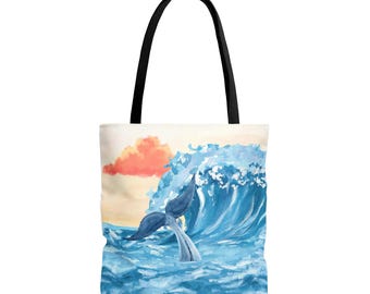 Whimsical Ocean Scene Tote Bag, Beach Day Essential, Whale & Crab Art, Summer Gift, Eco-Friendly Shopping Bag