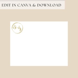 Op de afbeelding: Een witte uitnodigingskaart met een gouden monogram van de letters "D" en "J" in een cirkel. De tekst "EDIT IN CANVA & DOWNLOAD" staat bovenaan en "JENNIUNE EVENTS" onderaan, allemaal in goud.