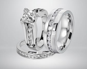 Bridal Ring Set, Diamond Trio Ring Set, Princess Stone Couple Ring Set, 14k White Gold Plated Ring, Sterling Silver Ring Set For Couples