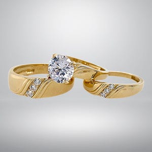 Wedding Bridal His/Her Trio Ring Set Diamond 14K Yellow Gold Plated Pure 925 Silver image 1