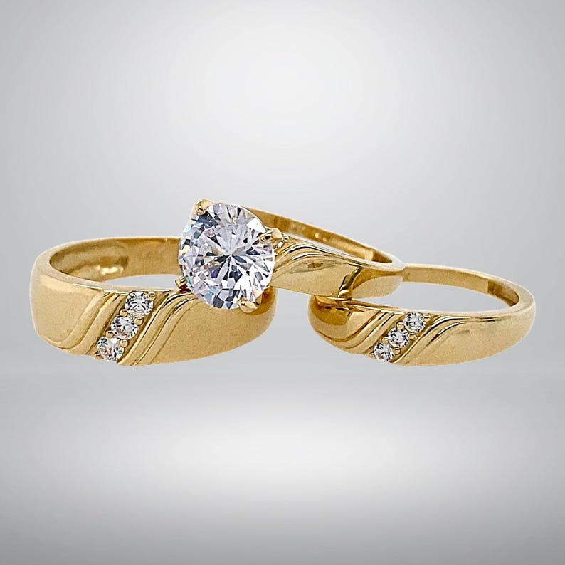 Wedding Bridal His/Her Trio Ring Set Diamond 14K Yellow Gold Plated Pure 925 Silver image 1