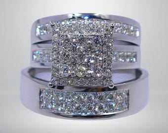 His Her Lab Created Round Cut White Diamond Bridal Wedding Trio Ring Set 14K White Gold Plated