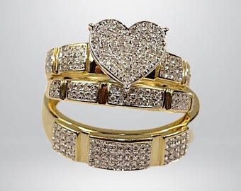 14k Yellow Gold Finish Solid 925 Silver Bridal Trio Ring Set • Engagement Ring + Wedding Bands • Dainty Stacking Rings for Her