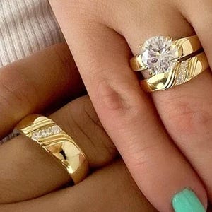 Wedding Bridal His/Her Trio Ring Set Diamond 14K Yellow Gold Plated Pure 925 Silver image 2