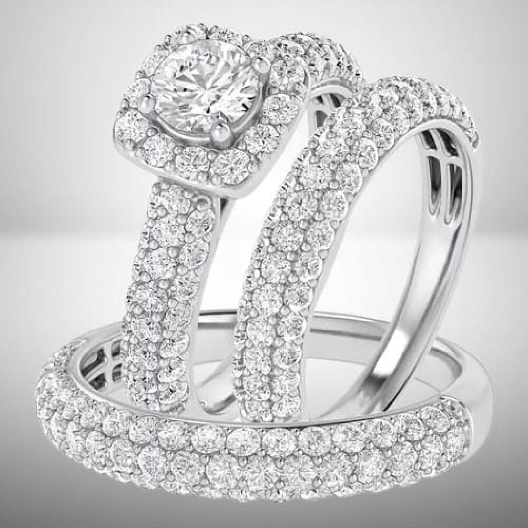 3 Piece Ring Set, White Gold Finish Trio Rings, Dainty Stackable Rings ...