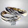 His and Hers Bridal Womens and Mens Engagement and Wedding Band Complete Trio Matching Wedding Rings Set 14K Yellow Gold Fn Round Diamond