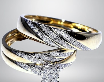His and Hers Bridal Womens and Mens Engagement and Wedding Band Complete Trio Matching Wedding Rings Set 14K Yellow Gold Fn Round Diamond