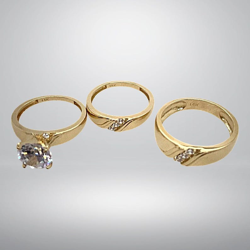 Wedding Bridal His/Her Trio Ring Set Diamond 14K Yellow Gold Plated Pure 925 Silver image 3