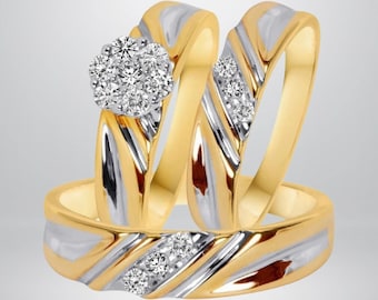 Set da sposa trio vintage con finitura in oro giallo 14k • Anello di fidanzamento Art Déco con fedi abbinate