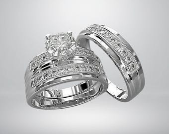 Stunning Lab-Created Diamond Engagement Bridal Ring Band Trio Set 14K White Gold Finish 925 Silver