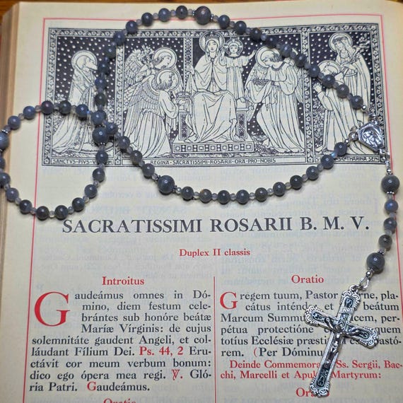 Labradorite Rosary: Our Lady of Lourdes, Silver Crucifix