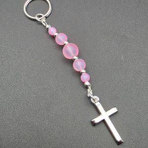 Christian Cross Keychain – Pink Dyed Glass Beads with Silver Tone Cross Charm