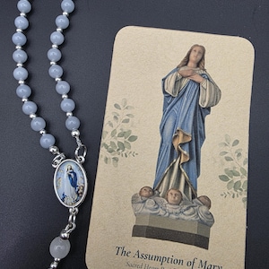 Handmade Angelite Rosary: Marian Gift with White Jade Beads