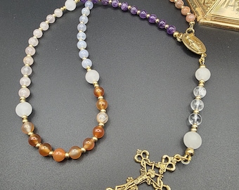 Handmade Gemstone Rosary: White Jade, Gold-Tone Catholic Prayer Beads