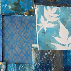Papiers peints à la main et imprimés gelli | Nuances de bleu | Pour le collage, techniques mixtes, art créatif, journaux indésirables, fabrication de cartes