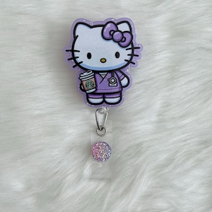 Purple Kitty Nurse With Drink Badge Reel