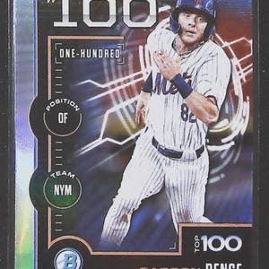 May include: A baseball card featuring Carson Benge in a baseball uniform. The card has a chrome finish and includes the text "#100", "ONE-HUNDRED", "POSITION OF TEAM NYM", and "TOP 100". The card is predominantly blue, white, and black.