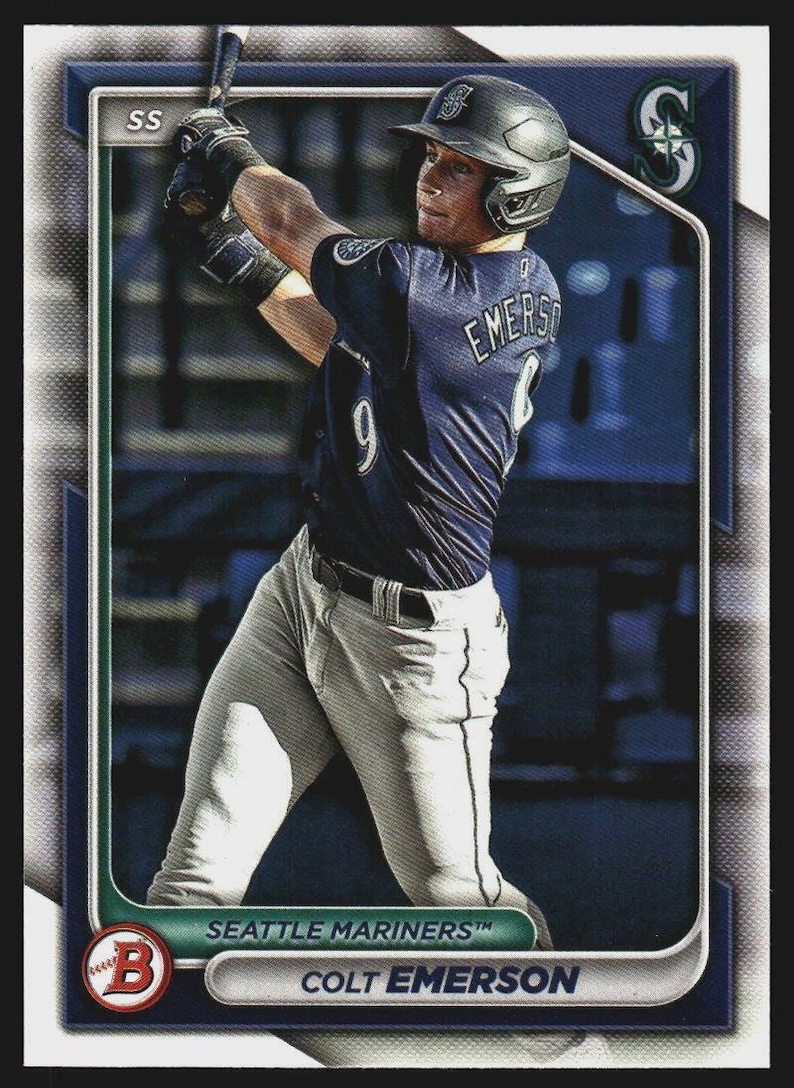 May include: Baseball card featuring Colt Emerson of the Seattle Mariners in a batting stance. The card has a dark blue and green border with the team logo and player's name. The player is wearing a navy blue jersey with the number 9.
