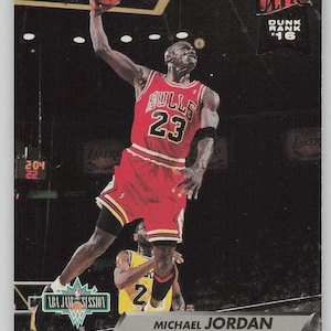 May include: A basketball trading card featuring Michael Jordan in a red Chicago Bulls uniform, number 23, mid-dunk. The card includes the text "92-93 Fleer Ultra" and "Dunk Rank '16". The NBA Jam Session logo is visible.