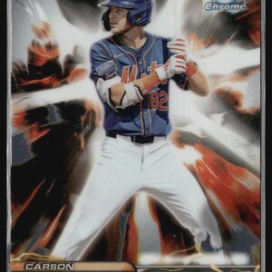 May include: Baseball card featuring Carson Benge in a New York Mets uniform, poised to bat. The card has a chrome finish with a dynamic background of orange and white streaks. The Mets logo and "Chrome" are visible.