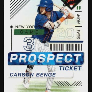 May include: Baseball trading card featuring a baseball player in a blue uniform, holding a bat. The card reads "PROSPECT TICKET" with the player's name, Carson Benge, and "NEW YORK GAME". The card has a ticket design.