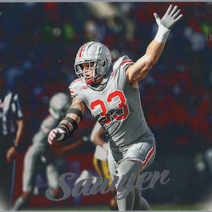 May include: A football trading card featuring a player in a gray and red uniform with the number 33. The player is raising his arm in celebration. The card has the text "Pittsburgh Steelers" and "Luminance". The player's name "Sawyer" is also visible.