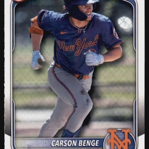 May include: Baseball card featuring Carson Benge of the New York Mets. The card has a blue and orange color scheme, with the team logo and player's name prominently displayed. The player is depicted in action, wearing a Mets uniform.