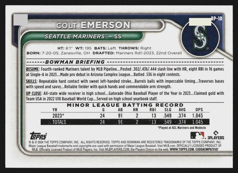 May include: Baseball card featuring Colt Emerson of the Seattle Mariners. The card includes player stats, height 6'1", weight 195 lbs, and a brief biography. The card has a green and white design with the Mariners logo.