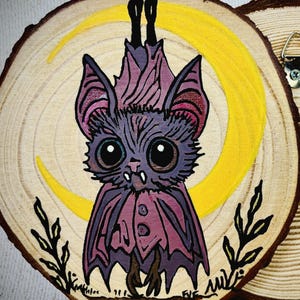 Hand-Painted Bat Moon Wood Wall Hanging: Gothic Halloween Decor