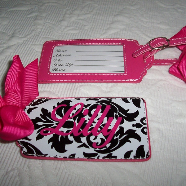 Personalized Luggage Tag Black & Hot Pink Damask