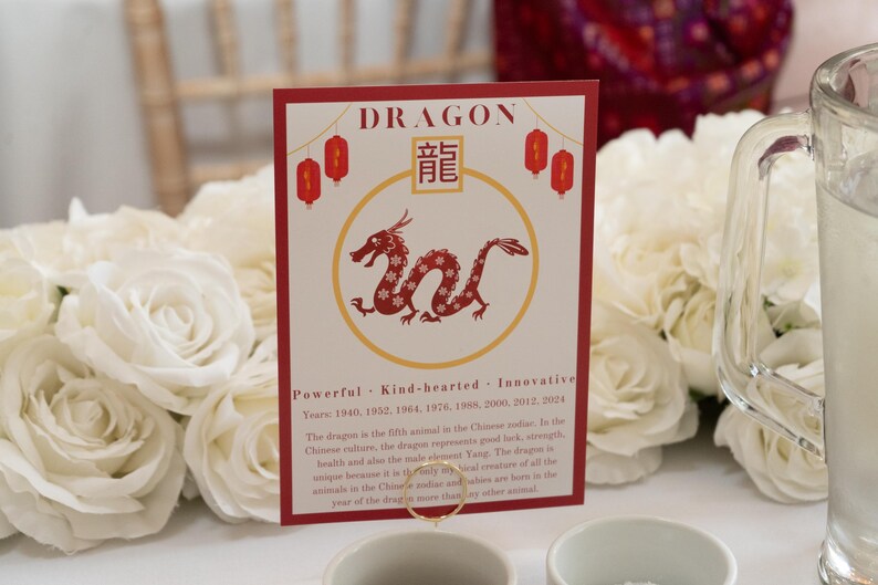 May include: A red and cream-colored card with the word "DRAGON" at the top, featuring a dragon illustration and Chinese characters. The card is surrounded by white roses and includes descriptive text about the dragon zodiac sign.