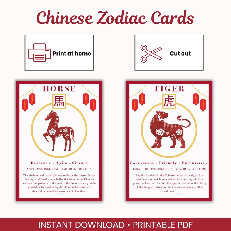 Chinese Zodiac Cards – Full Set of 12 | Printable Zodiac Cards & Wall Art | Lunar New Year Decor | Digital Download image 4