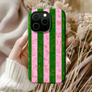 Durable Phone Case Pink and Green Striped Phone Cover for iPhone 16 16e 15 14 13 12 XR SE Samsung Galaxy & MagSafe Phone Case