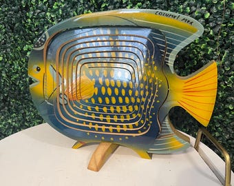 Collapsible Wooden Basket Trivet Colorful Blue Yellow Fish Design
