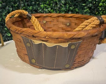 Vintage Mid Century/ Wicker Leather Rope Handled Gathering Basket - Japan