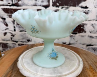 Antique Fenton Blue Satin Ruffled Compote