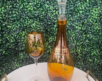 Vintage Bohemian Glass Gold and Amber Decanter with Wine Glass Set