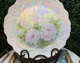 hand painted iridescent porcelain dish with roses