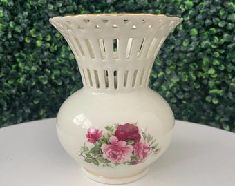 Baum Brothers Rose Floral Lattice Ceramic Vase