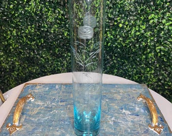 Light blue bud vase with etched roses