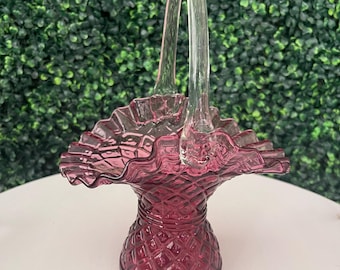 Fenton diamond optic Ruby Overlay Cranberry glass basket vase.