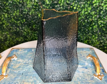 Hexagonal blue/purple glass vase with gold rim