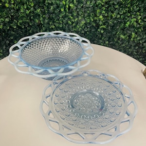 1930s Imperial Glass Katy Blue Opalescent Lace Edge & Button Bowl and matching plate.