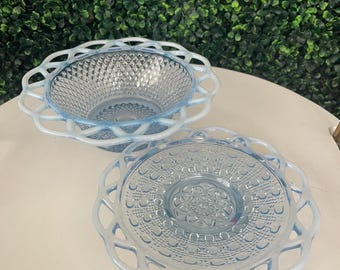 1930s Imperial Glass Katy Blue Opalescent Lace Edge & Button Bowl and matching plate.
