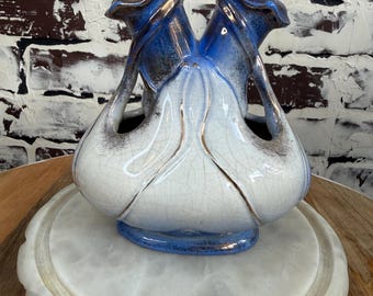 Antique Fenton Royal Double Bud Vase blue/white Gild Stafforshire England